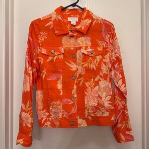 Cynthia Rowley Orange Floral Print 100% Linen Jacket Size LARGE EUC